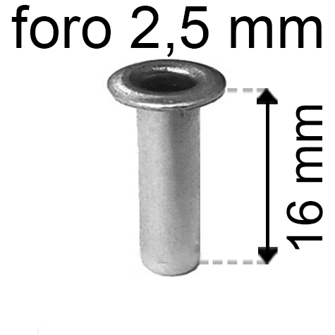 legatoria Occhiello unificato OttoneNICHELATO. altezza 16mm OU NICHELATO per fori diametro 2,5mm. Testa diametro 4mm, spessore materiale: 0,3mm.