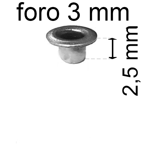 legatoria Occhiello unificato OttoneNICHELATO. altezza 2.5mm OU NICHELATO per fori diametro 3mm. Testa diametro 5mm, spessore materiale: 0,3mm.