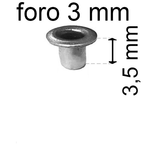 legatoria Occhiello unificato OttoneNICHELATO. altezza 3.5mm OU NICHELATO per fori diametro 3mm. Testa diametro 5mm, spessore materiale: 0,3mm.