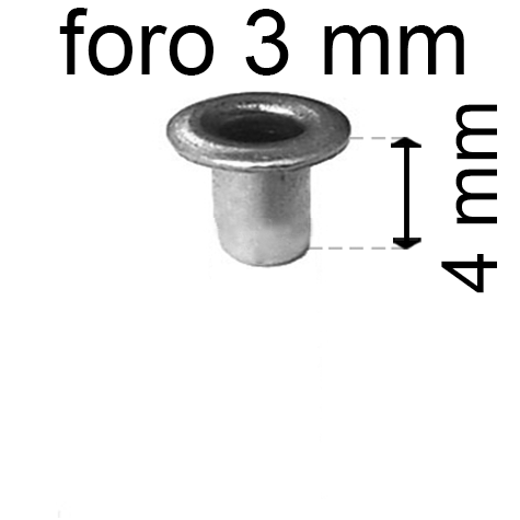 legatoria Occhiello unificato OttoneNICHELATO. altezza 4mm OU NICHELATO per fori diametro 3mm. Testa diametro 5mm, spessore materiale: 0,3mm.