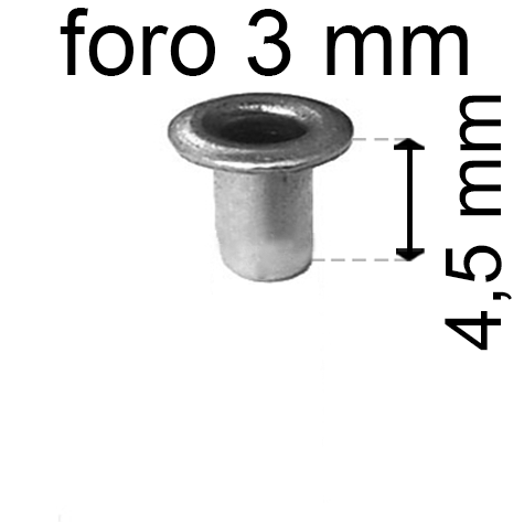 legatoria Occhiello unificato OttoneNICHELATO. altezza 4.5mm OU NICHELATO per fori diametro 3mm. Testa diametro 5mm, spessore materiale: 0,3mm.