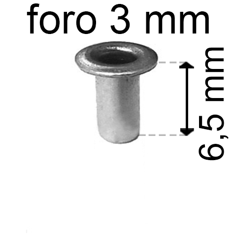 legatoria Occhiello unificato OttoneNICHELATO. altezza 6.5mm OU NICHELATO per fori diametro 3mm. Testa diametro 5mm, spessore materiale: 0,3mm.