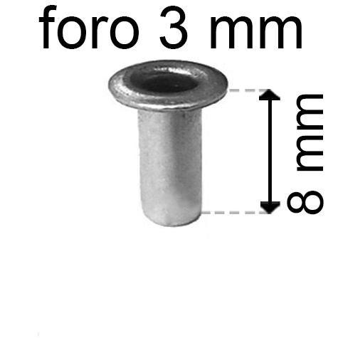 legatoria Occhiello unificato OttoneNICHELATO. altezza 8mm OU NICHELATO per fori diametro 3mm. Testa diametro 5mm, spessore materiale: 0,3mm.