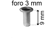 legatoria Occhiello unificato OttoneNICHELATO. altezza 9mm OU NICHELATO per fori diametro 3mm. Testa diametro 5mm, spessore materiale: 0,3mm eug243