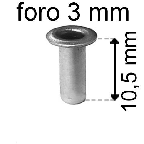 legatoria Occhiello unificato OttoneNICHELATO. altezza 10.5mm OU NICHELATO per fori diametro 3mm. Testa diametro 5mm, spessore materiale: 0,3mm.