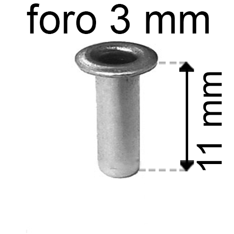 legatoria Occhiello unificato OttoneNICHELATO. altezza 11mm OU NICHELATO per fori diametro 3mm. Testa diametro 5mm, spessore materiale: 0,3mm.
