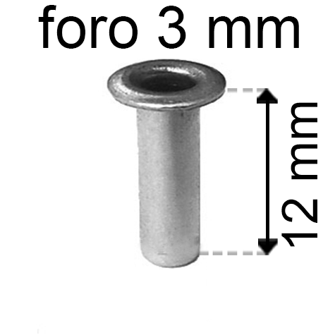 legatoria Occhiello unificato OttoneNICHELATO. altezza 12mm OU NICHELATO per fori diametro 3mm. Testa diametro 5mm, spessore materiale: 0,3mm.