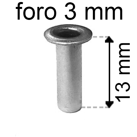 legatoria Occhiello unificato OttoneNICHELATO. altezza 13mm OU NICHELATO per fori diametro 3mm. Testa diametro 5mm, spessore materiale: 0,3mm.