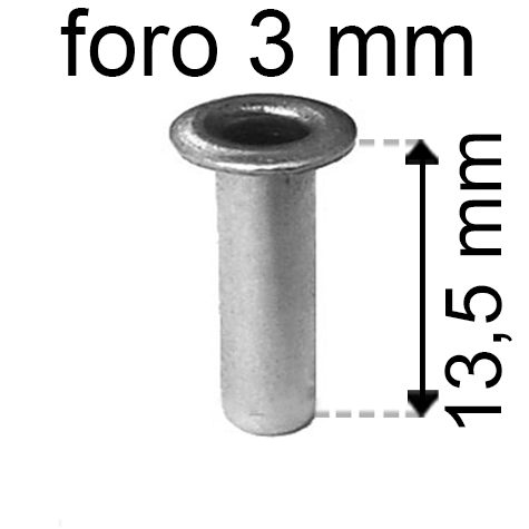 legatoria Occhiello unificato OttoneNICHELATO. altezza 5.5mm OU NICHELATO per fori diametro 3mm. Testa diametro 5mm, spessore materiale: 0,3mm.