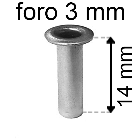legatoria Occhiello unificato OttoneNICHELATO. altezza 14mm OU NICHELATO per fori diametro 3mm. Testa diametro 5mm, spessore materiale: 0,3mm.
