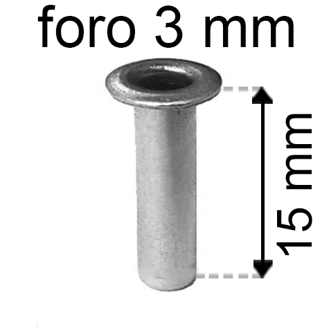 legatoria Occhiello unificato OttoneNICHELATO. altezza 15mm OU NICHELATO per fori diametro 3mm. Testa diametro 5mm, spessore materiale: 0,3mm.