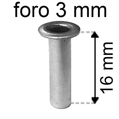 legatoria Occhiello unificato OttoneNICHELATO. altezza 16mm OU NICHELATO per fori diametro 3mm. Testa diametro 5mm, spessore materiale: 0,3mm.