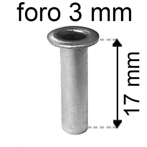 legatoria Occhiello unificato OttoneNICHELATO. altezza 17mm OU NICHELATO per fori diametro 3mm. Testa diametro 5mm, spessore materiale: 0,3mm.