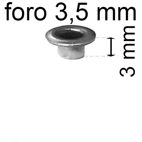 legatoria Occhiello unificato OttoneNICHELATO. altezza 3mm OU NICHELATO per fori diametro 3,5mm. Testa diametro 5,5mm, spessore materiale: 0,3mm.