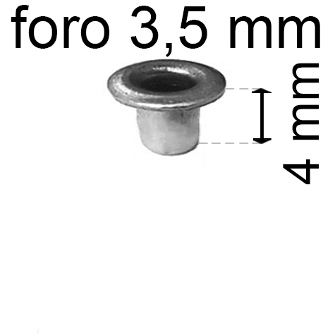 legatoria Occhiello unificato OttoneNICHELATO. altezza 4mm OU NICHELATO per fori diametro 3,5mm. Testa diametro 5,5mm, spessore materiale: 0,3mm.