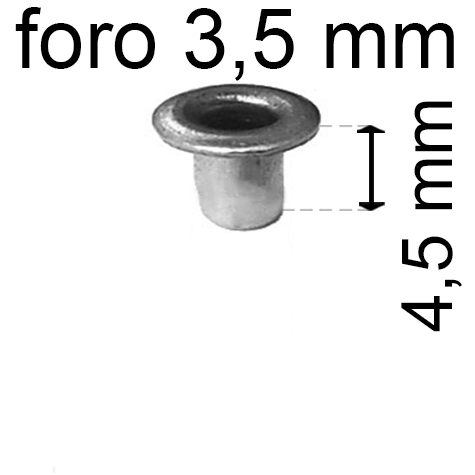 legatoria Occhiello unificato OttoneNICHELATO. altezza 4.5mm OU NICHELATO per fori diametro 3,5mm. Testa diametro 5,5mm, spessore materiale: 0,3mm.