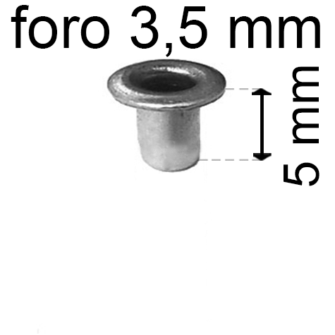 legatoria Occhiello unificato ottoneSTAGNATO, altezza 5mm OU STAGNATO per fori diametro 3,5mm. Testa diametro 5,5mm, spessore materiale: 0,3mm.