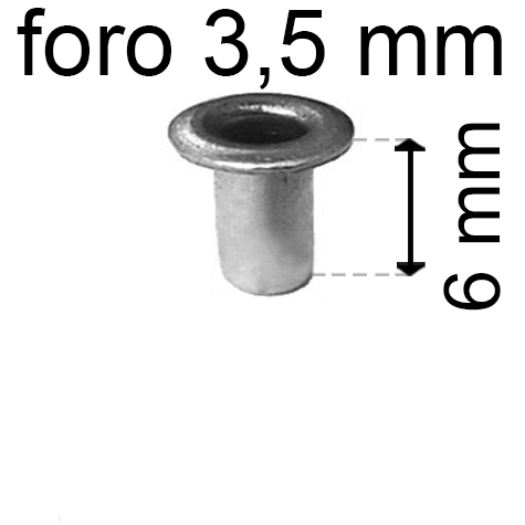 legatoria Occhiello unificato OttoneNICHELATO. altezza 6mm OU NICHELATO per fori diametro 3,5mm. Testa diametro 5,5mm, spessore materiale: 0,3mm.