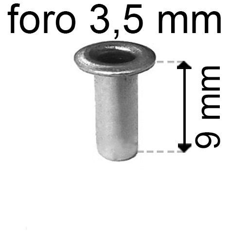 legatoria Occhiello unificato OttoneNICHELATO. altezza 9mm OU NICHELATO per fori diametro 3,5mm. Testa diametro 5,5mm, spessore materiale: 0,3mm.