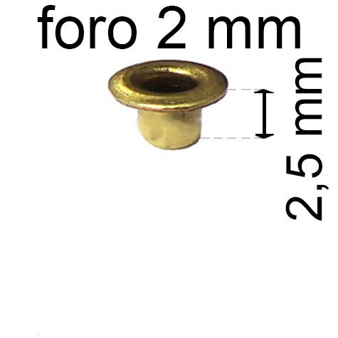 legatoria Occhiello unificato ottone, altezza 2,5mm (OU) per fori diametro 2mm. Testa diametro 3,5mm, spessore materiale: 0,25mm.