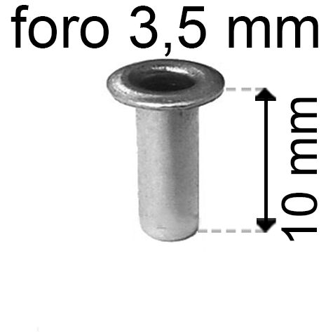 legatoria Occhiello unificato OttoneNICHELATO. altezza 10mm OU NICHELATO per fori diametro 3,5mm. Testa diametro 5,5mm, spessore materiale: 0,3mm.