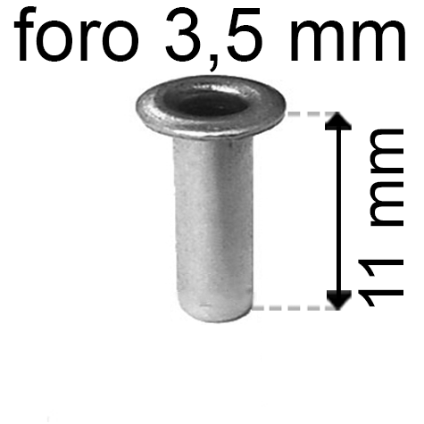 legatoria Occhiello unificato OttoneNICHELATO. altezza 11mm OU NICHELATO per fori diametro 3,5mm. Testa diametro 5,5mm, spessore materiale: 0,3mm.