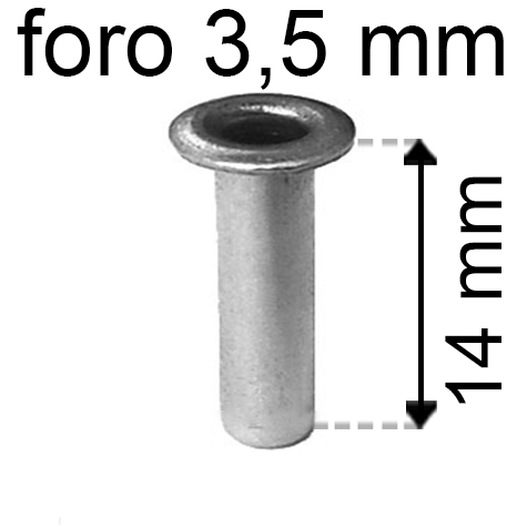 legatoria Occhiello unificato OttoneNICHELATO. altezza 14mm OU NICHELATO per fori diametro 3,5mm. Testa diametro 5,5mm, spessore materiale: 0,3mm.