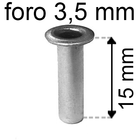 legatoria Occhiello unificato ottoneSTAGNATO, altezza 15mm OU STAGNATO per fori diametro 3,5mm. Testa diametro 5,5mm, spessore materiale: 0,3mm.