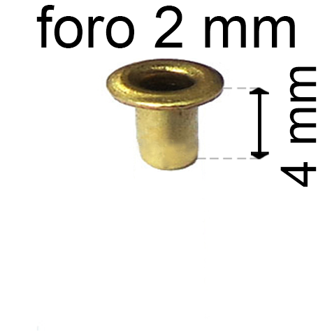 legatoria Occhiello unificato ottone, altezza 4mm (OU) per fori diametro 2mm. Testa diametro 3,5mm, spessore materiale: 0,25mm.