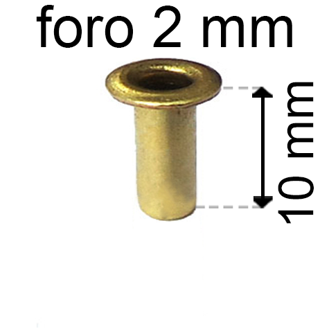 legatoria Occhiello unificato ottone, altezza 10mm (OU) per fori diametro 2mm. Testa diametro 3,5mm, spessore materiale: 0,25mm.