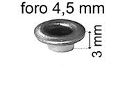 legatoria Occhiello unificato ottoneSTAGNATO, altezza 3mm OU STAGNATO per fori diametro 4,5mm. Testa diametro 6,5mm, spessore materiale: 0,3mm.