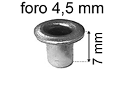 legatoria Occhiello unificato ottoneSTAGNATO, altezza 7mm OU STAGNATO per fori diametro 4,5mm. Testa diametro 6,5mm, spessore materiale: 0,3mm.
