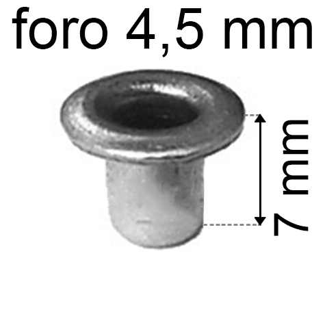legatoria Occhiello unificato ottoneSTAGNATO, altezza 7mm OU STAGNATO per fori diametro 4,5mm. Testa diametro 6,5mm, spessore materiale: 0,3mm.