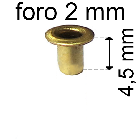 legatoria Occhiello unificato ottone, altezza 4,5mm (OU) per fori diametro 2mm. Testa diametro 3,5mm, spessore materiale: 0,25mm.