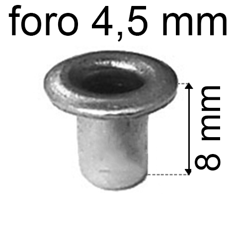 legatoria Occhiello unificato ottoneSTAGNATO, altezza 8mm OU STAGNATO per fori diametro 4,5mm. Testa diametro 6,5mm, spessore materiale: 0,3mm.