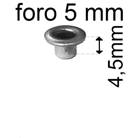 legatoria Occhiello unificato ottoneSTAGNATO, altezza 4,5mm OU STAGNATO per fori diametro 5mm. Testa diametro 7,5mm, spessore materiale: 0,3mm.