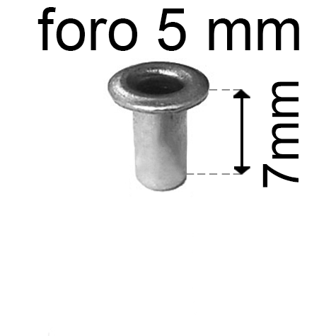 legatoria Occhiello unificato ottoneSTAGNATO, altezza 7mm OU STAGNATO per fori diametro 5mm. Testa diametro 7,5mm, spessore materiale: 0,3mm.