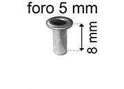 legatoria Occhiello unificato ottoneSTAGNATO, altezza 8mm OU STAGNATO per fori diametro 5mm. Testa diametro 7,5mm, spessore materiale: 0,3mm.