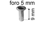 legatoria Occhiello unificato ottoneSTAGNATO, altezza 9mm OU STAGNATO per fori diametro 5mm. Testa diametro 7,5mm, spessore materiale: 0,3mm.
