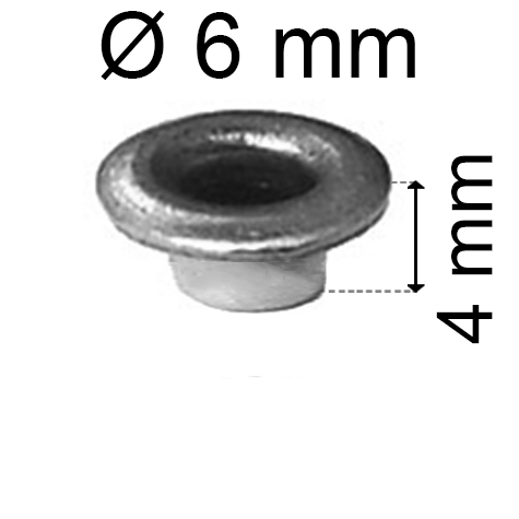 legatoria Occhiello unificato ottoneSTAGNATO, altezza 4mm OU STAGNATO per fori diametro 6mm. Testa diametro 8mm, spessore materiale: 0,3mm.