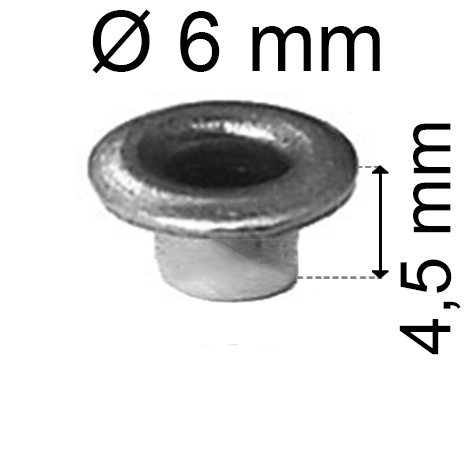 legatoria Occhiello unificato ottoneSTAGNATO, altezza 4,5mm OU STAGNATO per fori diametro 6mm. Testa diametro 8mm, spessore materiale: 0,3mm.