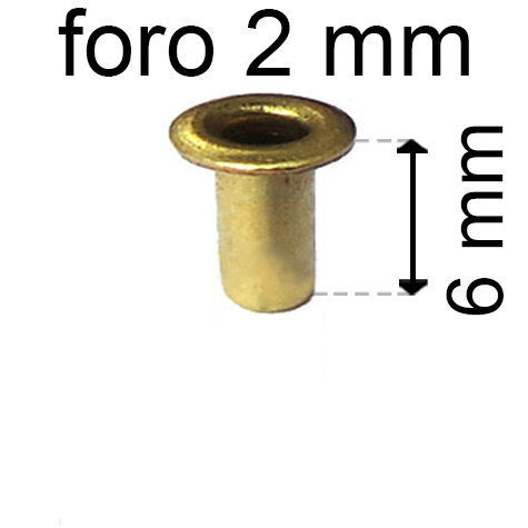 legatoria Occhiello unificato ottone, altezza 6mm (OU) per fori diametro 2mm. Testa diametro 3,5mm, spessore materiale: 0,25mm.