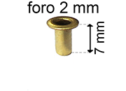 legatoria Occhiello unificato ottone, altezza 7mm (OU) per fori diametro 2mm. Testa diametro 3,5mm, spessore materiale: 0,25mm eug33