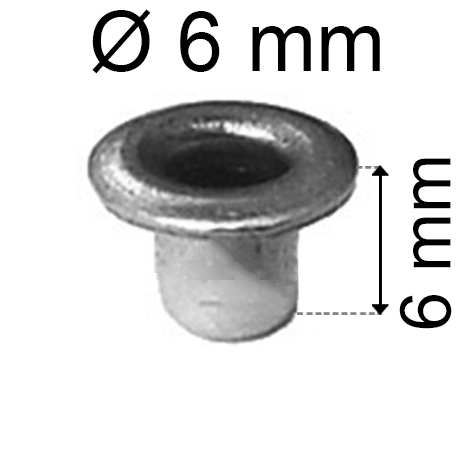 legatoria Occhiello unificato ottoneSTAGNATO, altezza 6mm OU STAGNATO per fori diametro 6mm. Testa diametro 8mm, spessore materiale: 0,3mm.