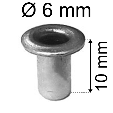 legatoria Occhiello unificato ottoneSTAGNATO, altezza 10mm OU STAGNATO per fori diametro 6mm. Testa diametro 8mm, spessore materiale: 0,3mm.
