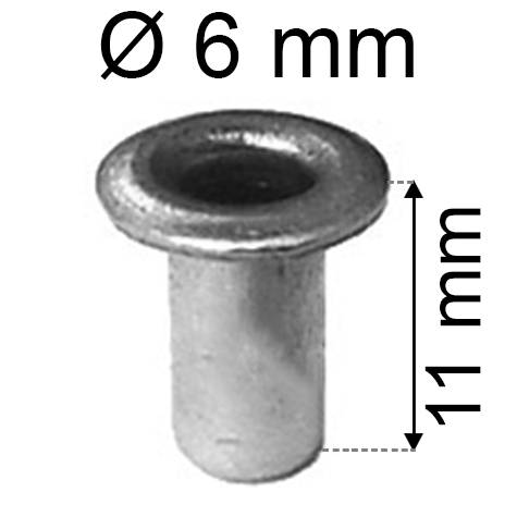 legatoria Occhiello unificato ottoneSTAGNATO, altezza 11mm OU STAGNATO per fori diametro 6mm. Testa diametro 8mm, spessore materiale: 0,3mm.