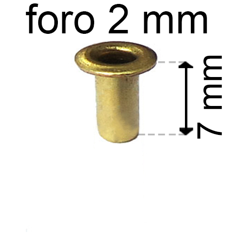 legatoria Occhiello unificato ottone, altezza 7mm (OU) per fori diametro 2mm. Testa diametro 3,5mm, spessore materiale: 0,25mm.