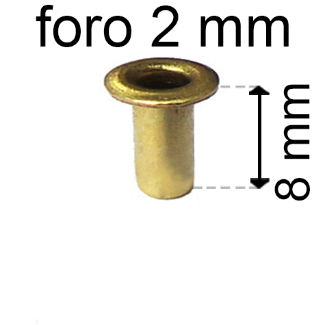 legatoria Occhiello unificato ottone, altezza 8mm (OU) per fori diametro 2mm. Testa diametro 3,5mm, spessore materiale: 0,25mm.