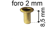 legatoria Occhiello unificato ottone, altezza 8,5mm (OU) per fori diametro 2mm. Testa diametro 3,5mm, spessore materiale: 0,25mm eug35