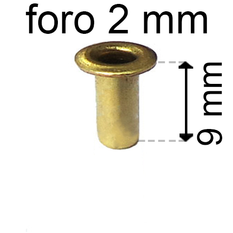 legatoria Occhiello unificato ottone, altezza 9mm (OU) per fori diametro 2mm. Testa diametro 3,5mm, spessore materiale: 0,25mm.